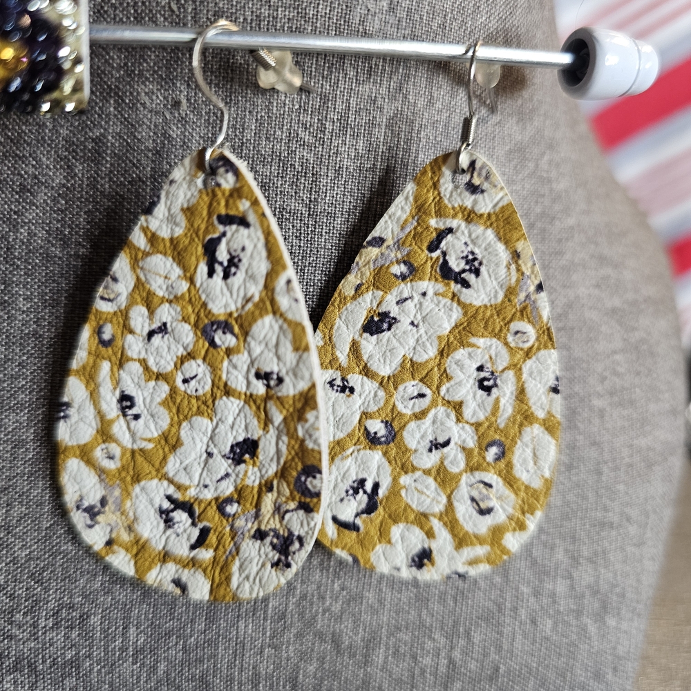 Mustard Floral Teardrop Leather Earrings - Women Jewelry Earrings
